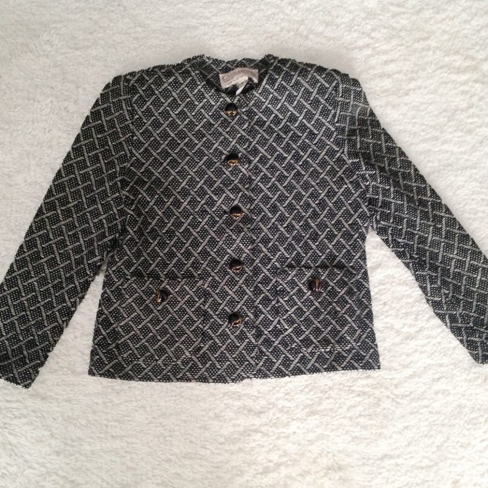 VINTAGE 80s 90s Blue White Textured Crop Suit Jacket